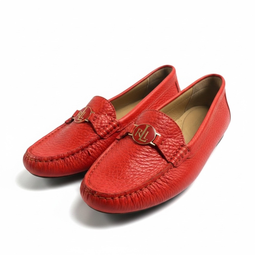 Lauren Ralph Lauren Carley Orange Pebble Leather Driving Loafers 8B Flat Shoes